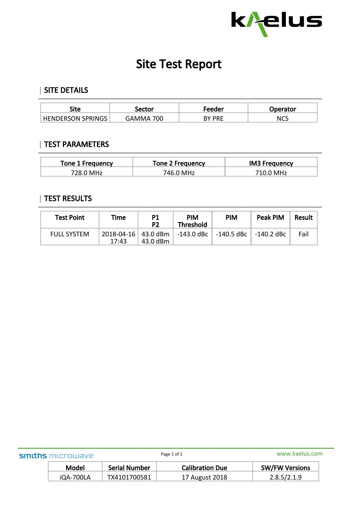 Henderson Springs Gamma 700 BY pre-check PIM report failing at negative 140.5 dBc